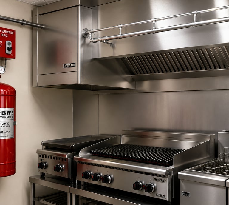 Commercial kitchen fire suppression system installed in a commercial kitchen