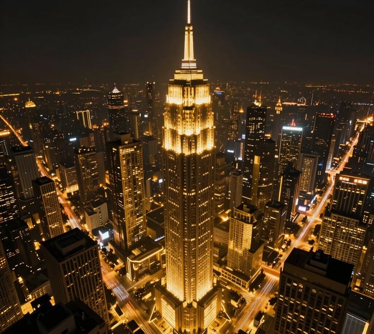 Cinematic environment concept art of a towering golden megacity at night, glowing light trails, deep black architectural chasms, atmospheric haze.