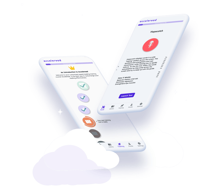 Acceleread speed reading app screens in clouds