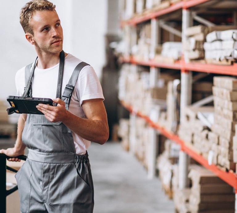 a man standing in a warehouse