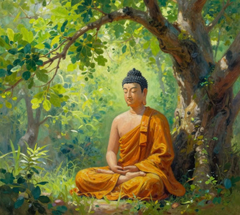 Buddha meditating under Bodhi tree demonstrating spiritual awakening path to enlightenment