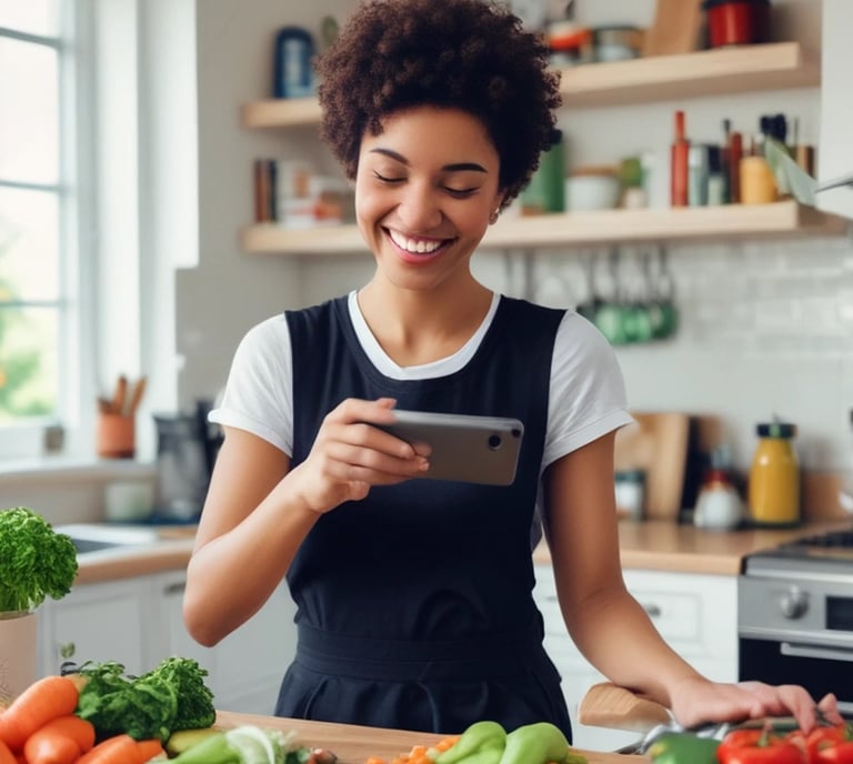 a woman in a black apron and aprons is holding a tablet computer and smiling