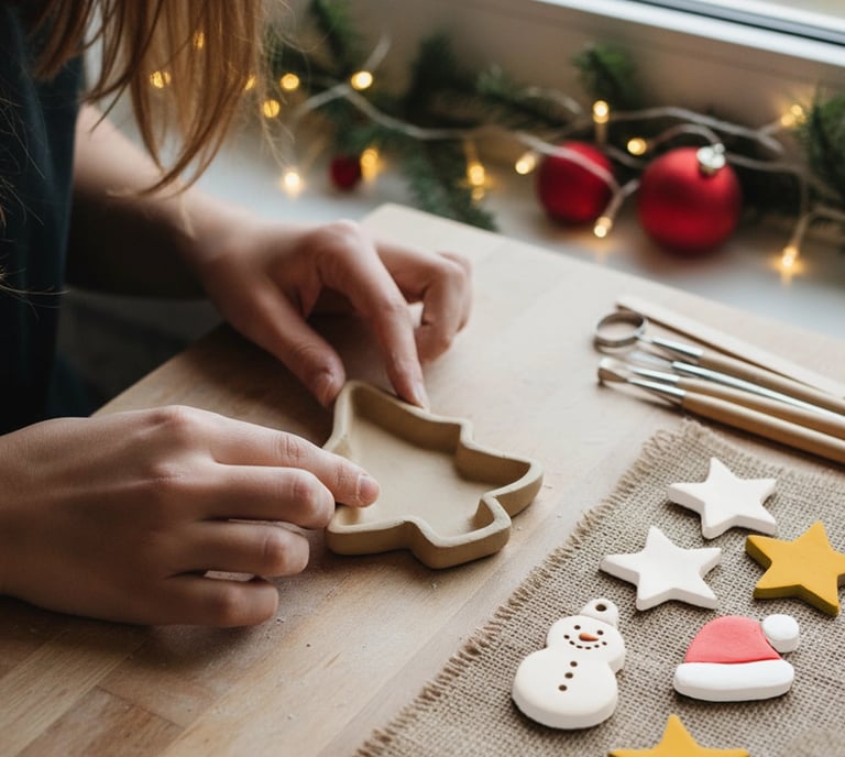 a woman is making a christmas tree ornament