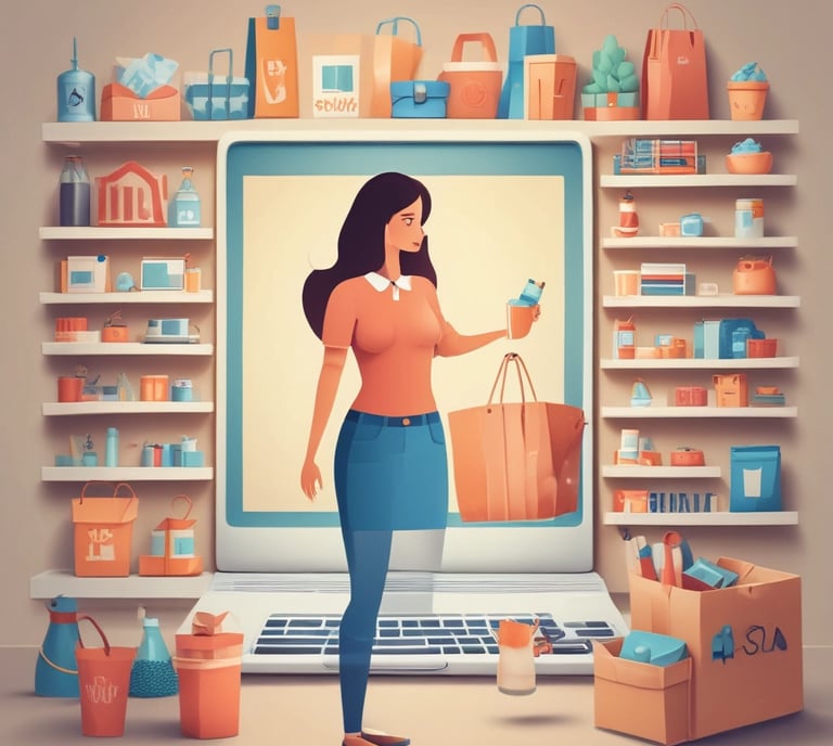 a woman is standing in front of a laptop