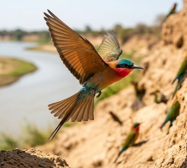 Northern Carmine Bee-eater in flight