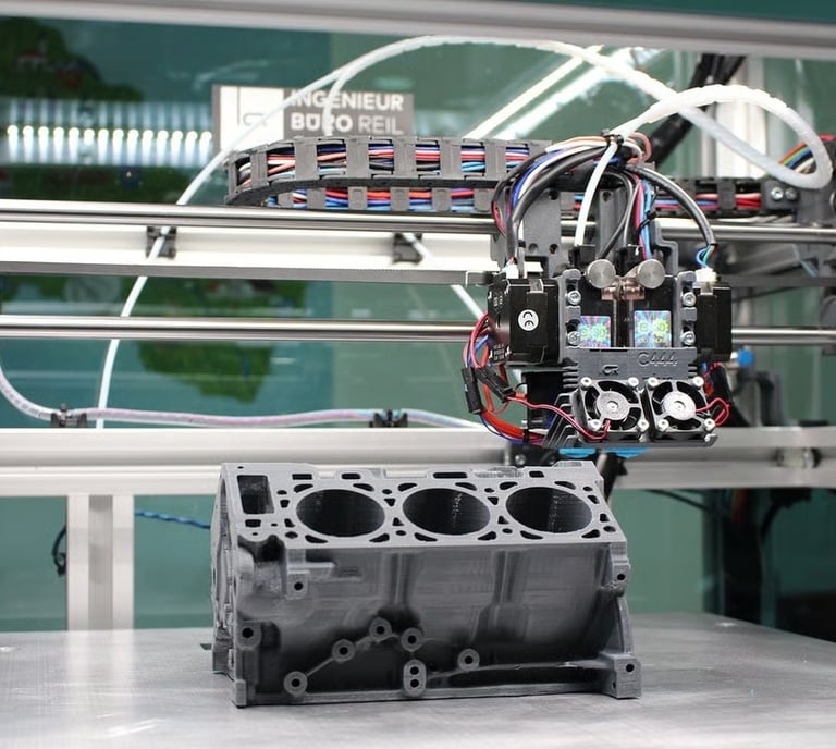 La imagen muestra una impresora 3D fabricando un motor V8 para un coche.