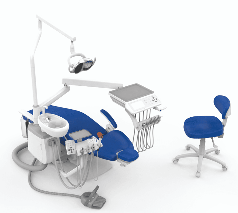 Professional blue dental chair unit with overhead LED light, delivery system, and dentist stool.
