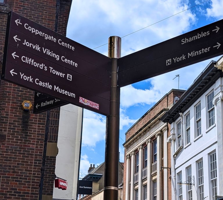 street signpost in York showing which direction the tourist attractions are
