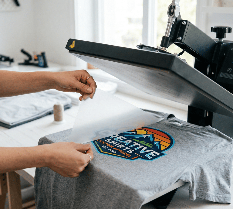 A person applying a custom heat transfer vinyl design to a grey t-shirt using a professional Secabo heat press machine.