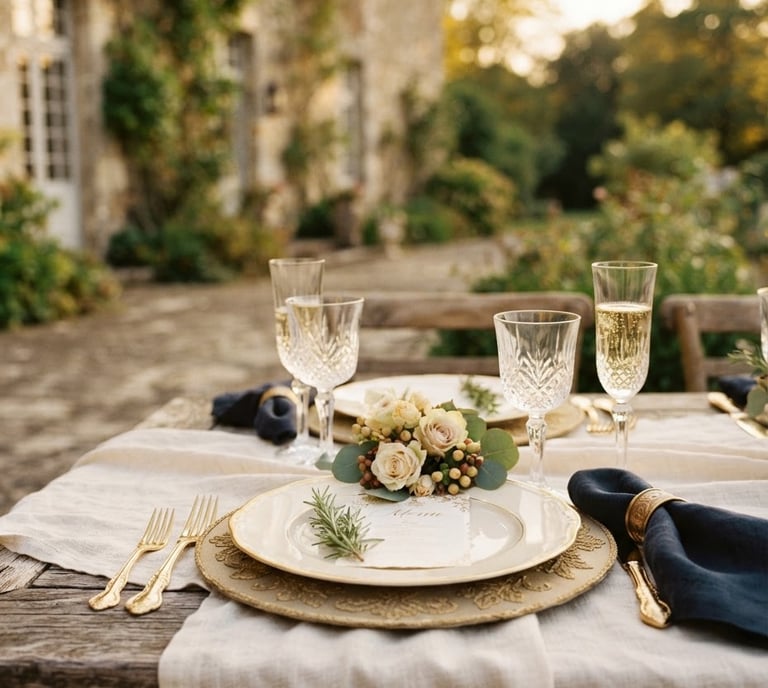 Elegant close-up of a high-end outdoor table setting at a historic Norman château, golden hour light, soft linen, crystal glasses, cream and gold tones, 35mm photography