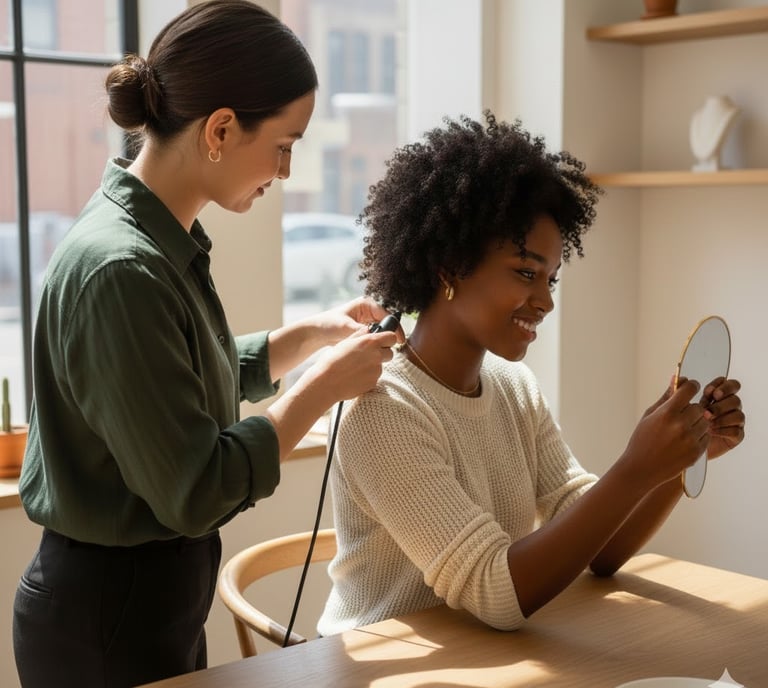 a woman is shown in a photo while a woman is combing her hair