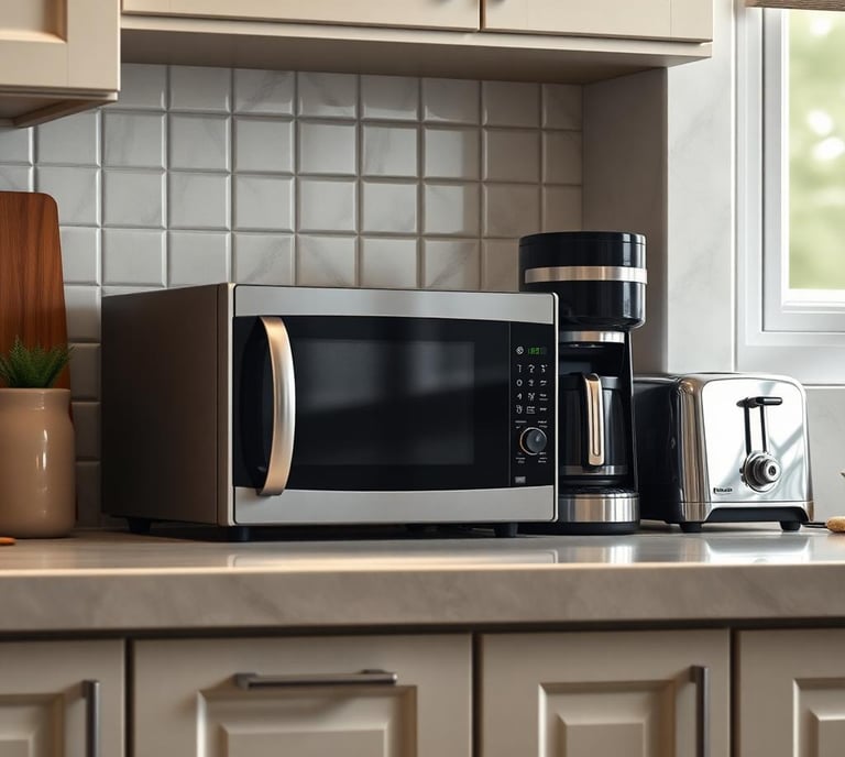 kitchen counter with a microwave, coffee maker and toaster—on the counter