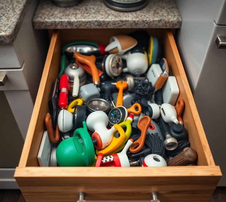 messy drawer full of kitchen gadgets
