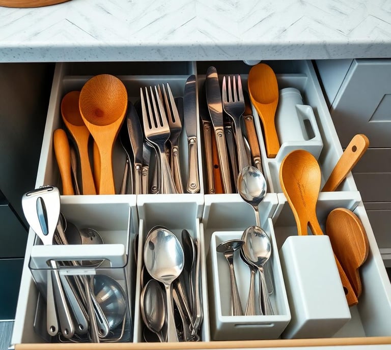 a drawer with utensils organized with organizers