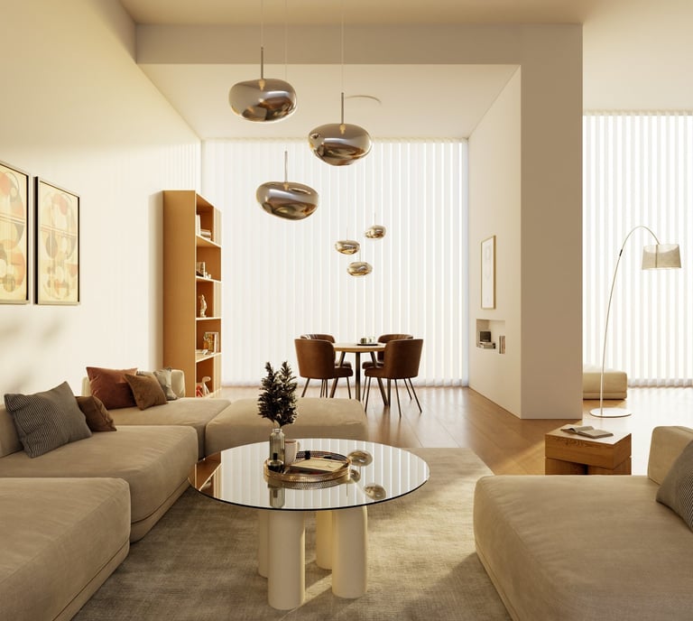 Suspension en galets de verre soufflé chrome, intégrée dans un intérieur chaleureux, illustrant l'im