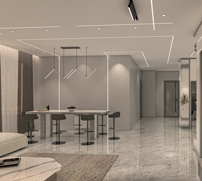 Interior render – ceiling lights & seating area
