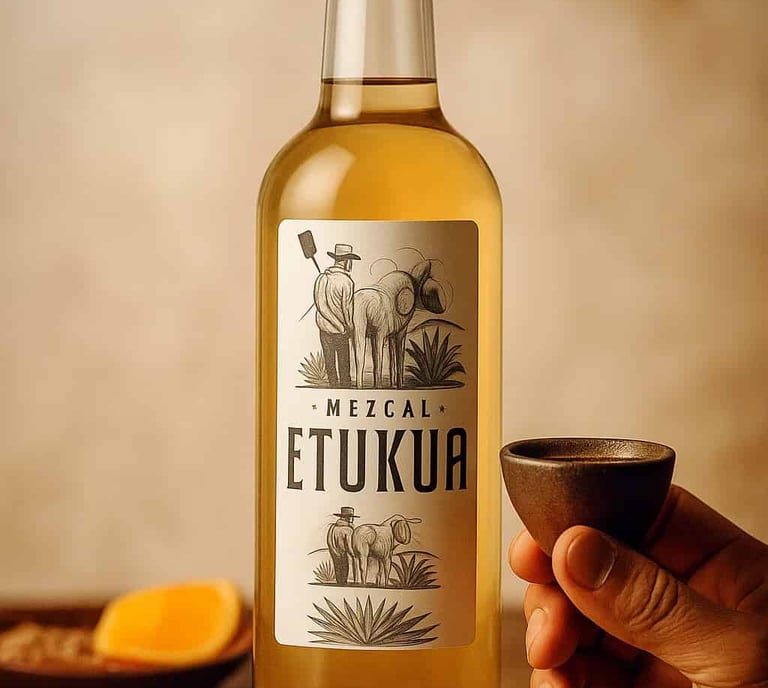 Mano sosteniendo una copa veladora de barro con mezcal Etukua, con otros accesorios de degustación a