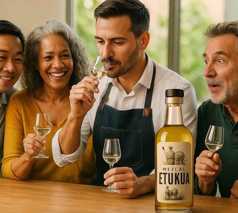 Grupo diverso de personas sonriendo mientras participan en una cata guiada de mezcal artesanal Etuku