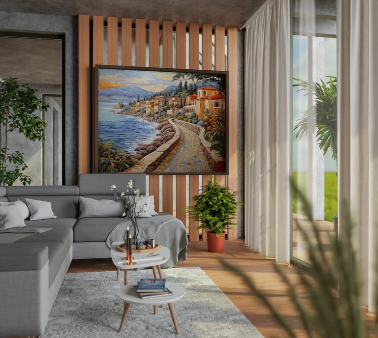 Seaside village mosaic wall art adds charm and tranquillity to the modern living room decor