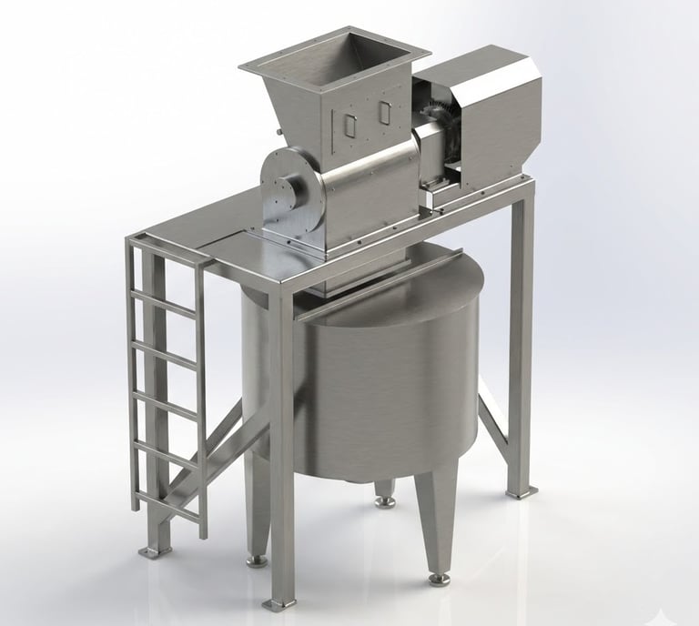 Industrial stainless steel food processing grinder with a storage tank and access ladder.