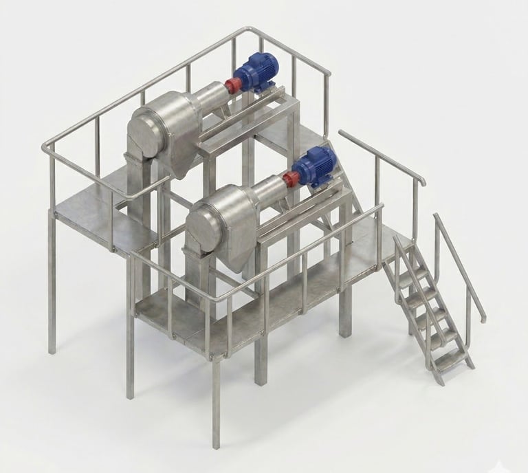 Industrial stainless steel platform with two mechanical motors and access stairs for factory processing.