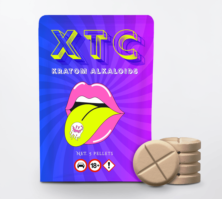 A colorful package of XTC Kratom Alkaloid pellets next to a stack of round herbal extract tablets.
