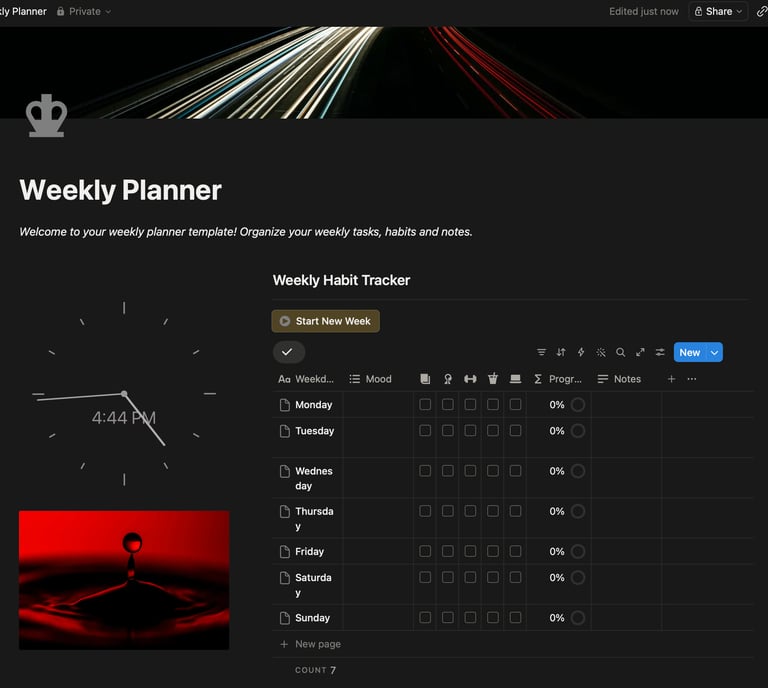 A dark mode weekly planner and habit tracker dashboard with a minimalist clock and productivity widgets.