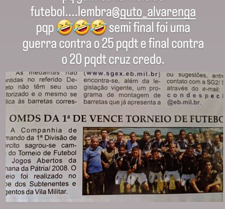 A vintage newspaper clipping showing a Brazilian military soccer team celebratory group photo after a tournament win.