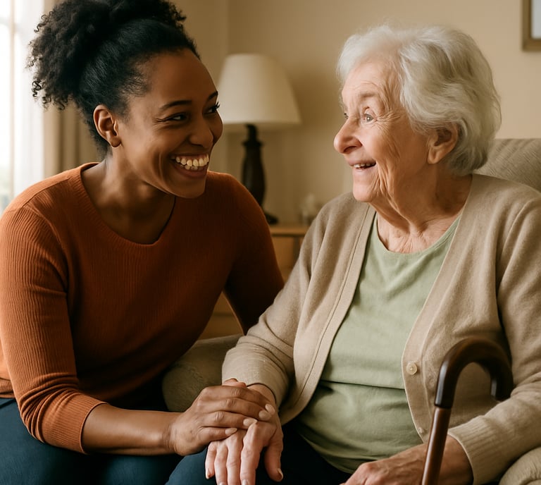 a woman sitting on a couch with a woman holding a cane
