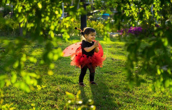 a little girl dressed in a ladybug costume