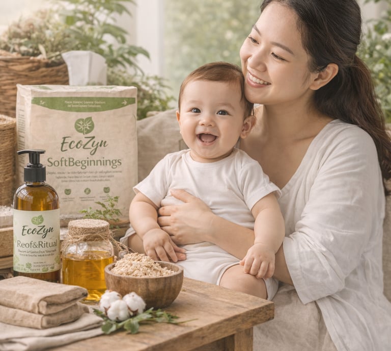 A smiling mother holds her happy baby next to organic EcoZyn natural infant skincare products on a wooden table.