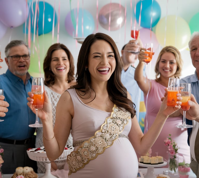 a pregnant woman holding a glass of wine and a champagne flute