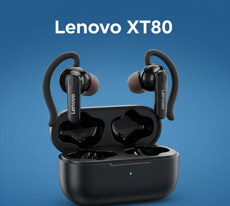 um par de fones de ouvido com o Lenovo X800 em primeiro plano