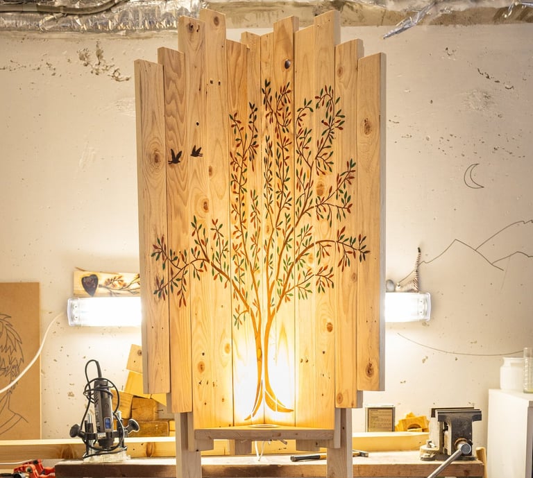 Décoration d 'angle en bois de palette et résine époxy, gravure personnalisée et éclairage spot