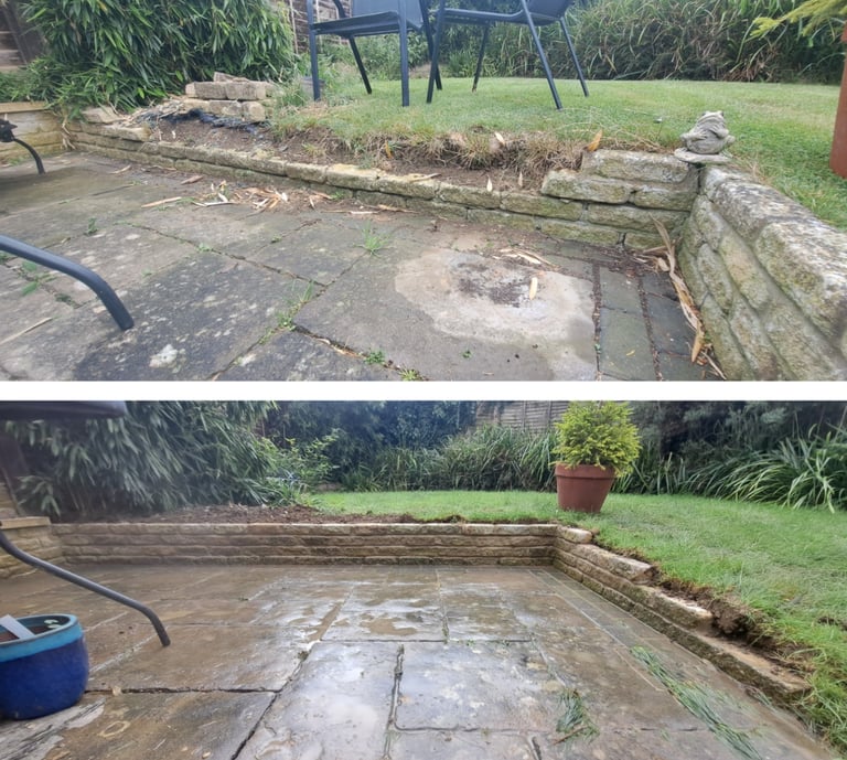 Before and after professional garden patio cleaning and stone wall restoration in a backyard.