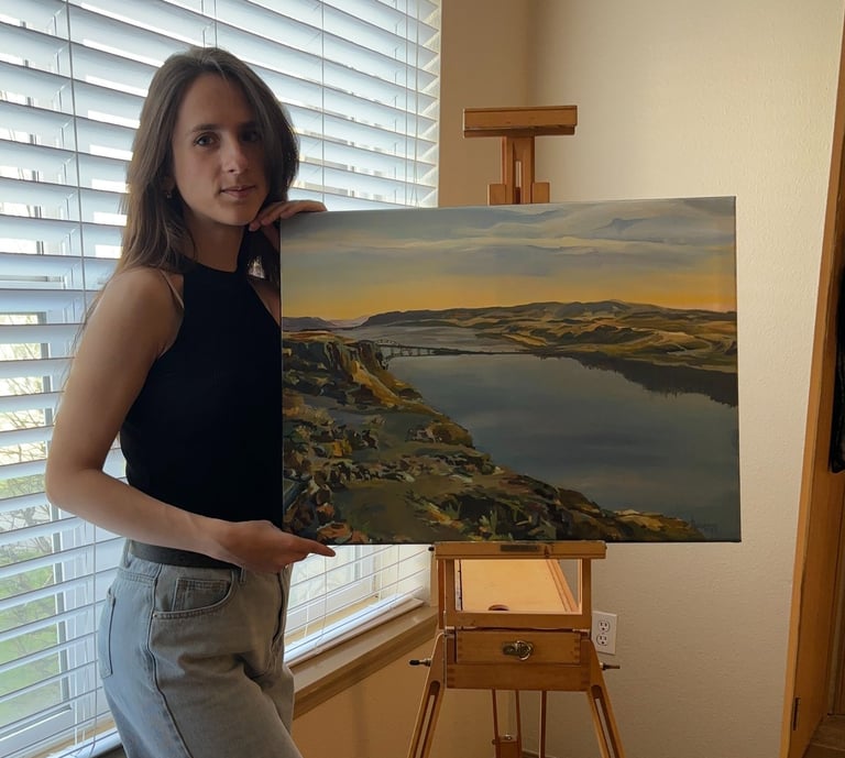 Angela Moiseieva with her work 'Reflections of Tranquility' 18х24 inches  the Columbia River