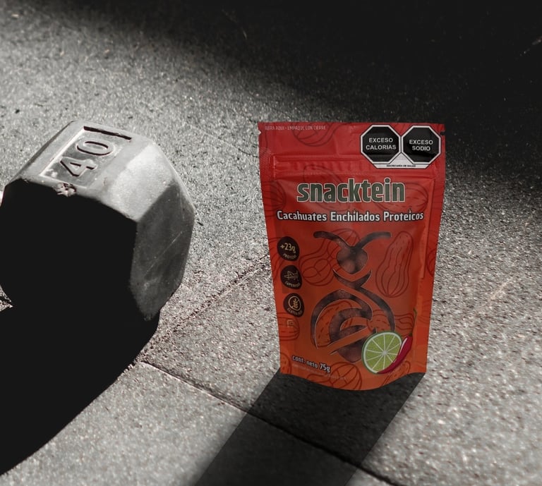 snack proteico al lado de una mancuerna