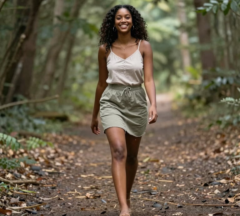 A person hiking on a forest trail surrounded by lush greenery.