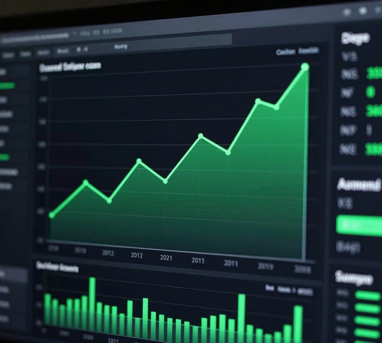 A computer monitor displaying a rising green line graph and financial data dashboard.