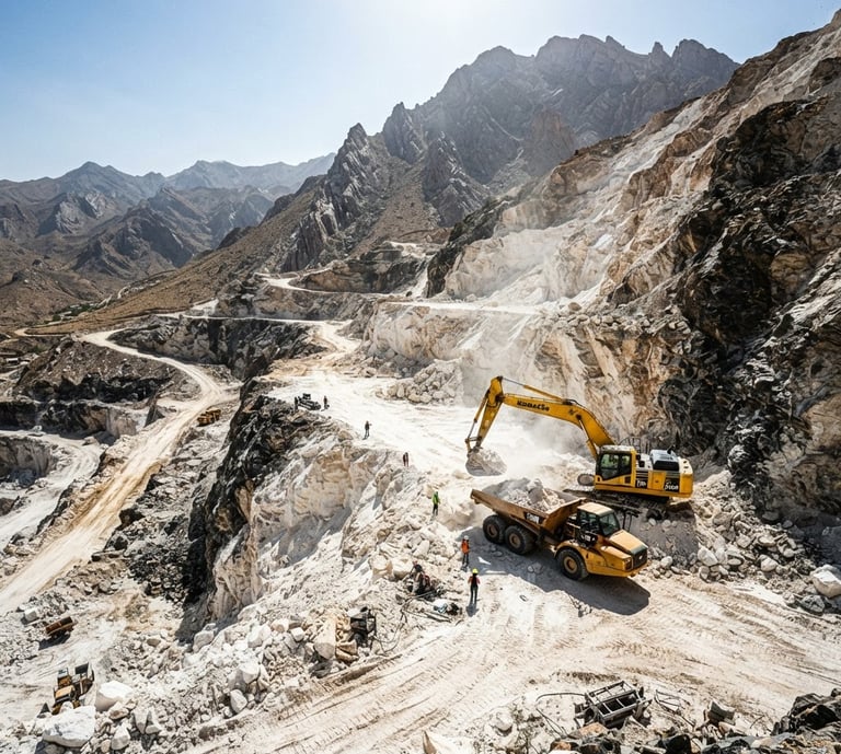 Wide environmental shot of a rugged mountain quarry in Pakistan under harsh direct sunlight, showing heavy mining machinery and raw mineral deposits of talc, 35mm lens, high contrast.
