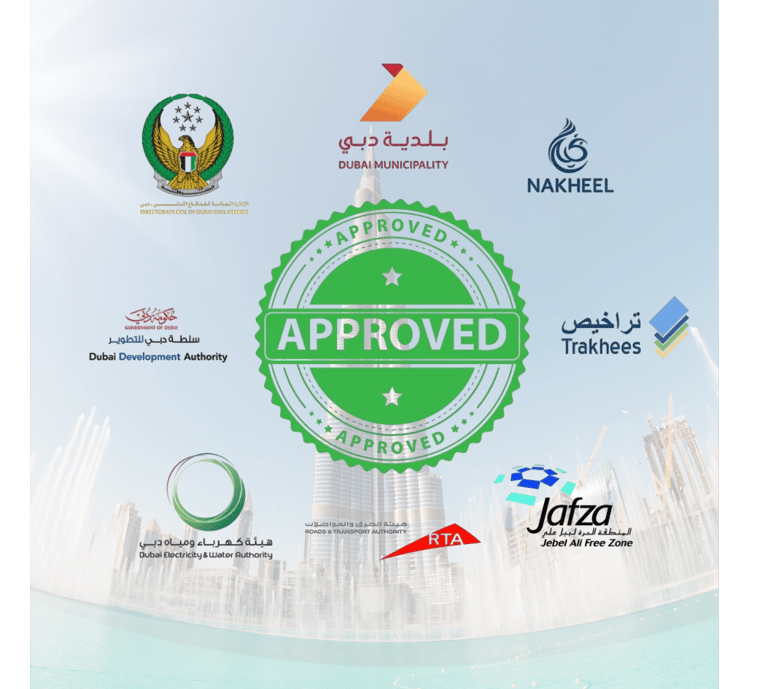 UAE Authority Approvals Dubai Municipality DCD DEWA Trakhees Jafza Approved Stamp - DesignLine Studi