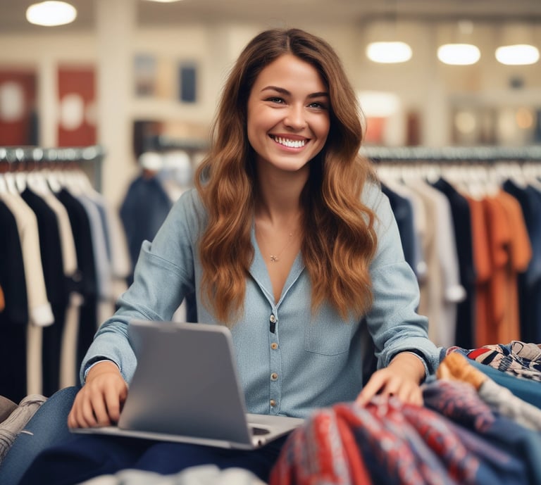 A cheerful family packing orders in a cozy home office filled with colorful clearance items.