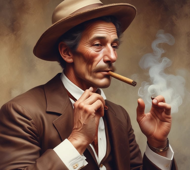 A person is sitting in a dimly lit indoor setting, holding a cigar. The background features wooden panels and mirrors, suggesting a lounge or a sophisticated bar environment. The atmosphere appears relaxed and introspective.