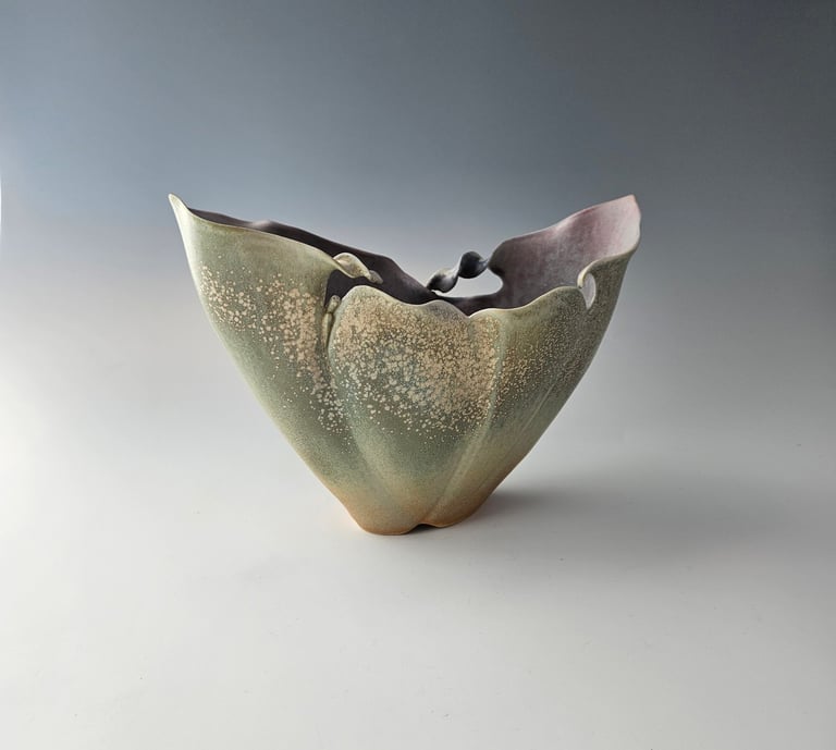 Lily Boat porcelain vessel, green & dusty lavendar microcrystalline glaze. Handbuilt. Highfired ^10