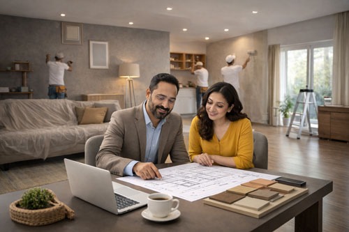 A couple reviews architectural blueprints for a home renovation while contractors paint in the background.