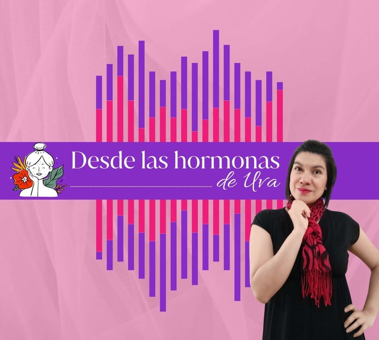 Mujer posando junto al logo del podcast Desde las hormonas de Uva con gráficos de ondas sonoras rosa