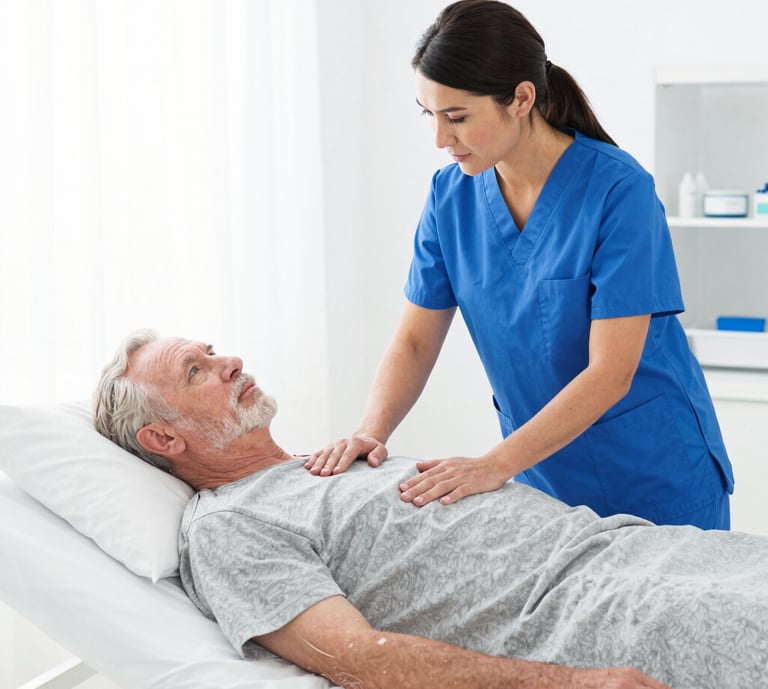 A male nurse in blue scrubs provides bedside care to an elderly patient in a hospital bed.