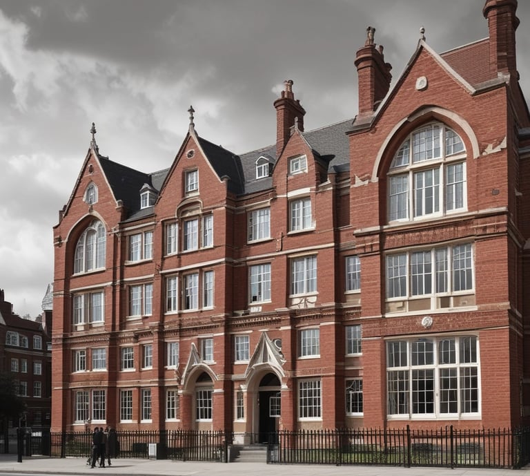 An early 20th century red brick school building in London