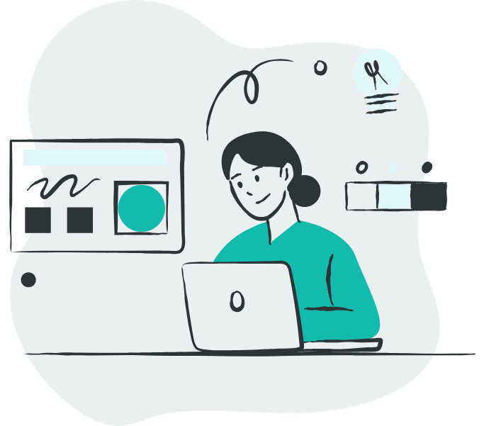 Flat design illustration of a female graphic designer working on a laptop with creative UI elements.