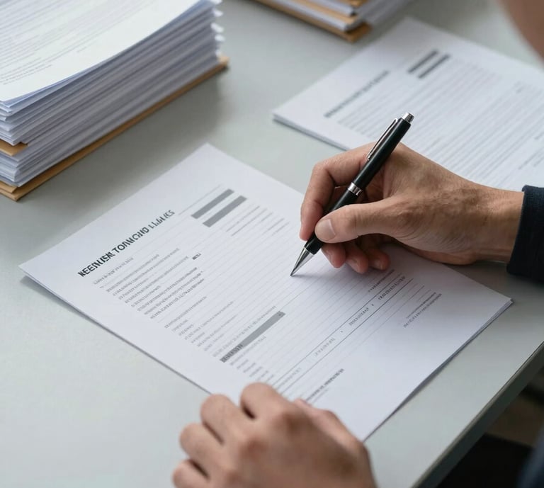 Close overhead view of a man's hands reviewing a detailed financial audit workpaper on a wide desk, pen in hand marking specific line items, cool north-facing daylight from the left, stacks of organized contract folders visible in the background, no face visible, forensic-lab discipline in the arrangement of documents